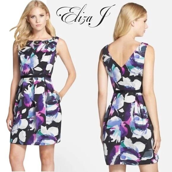 Eliza J Multicolored A-Line Dress with Sequined Neckline (Size: 4) - Picture 2 of 16